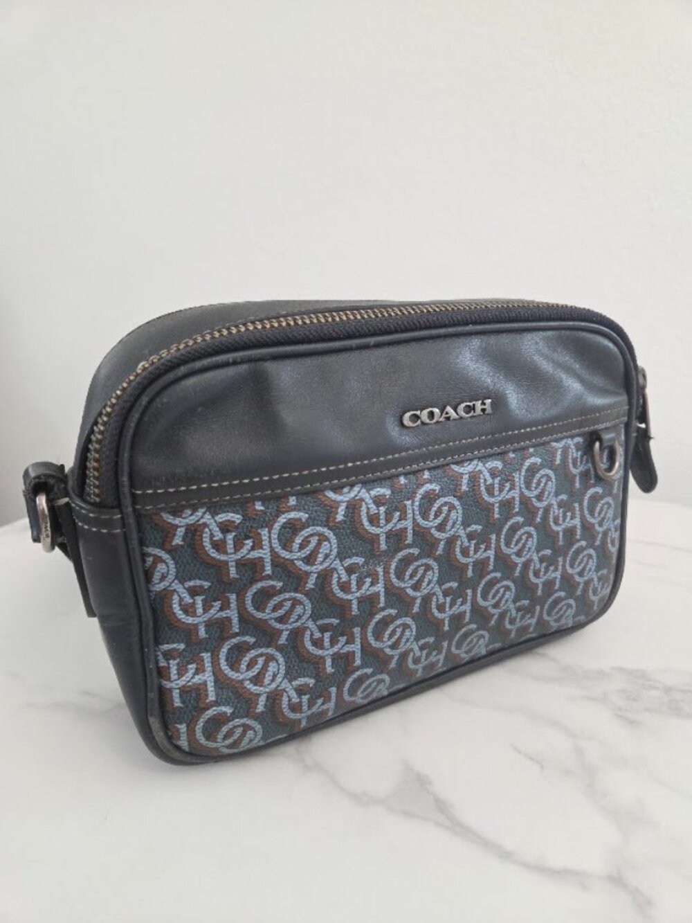 Unisex Vintage Coach Monogram Signature Crossbody Shoulder Bag Blue Black - Picture 3 of 16